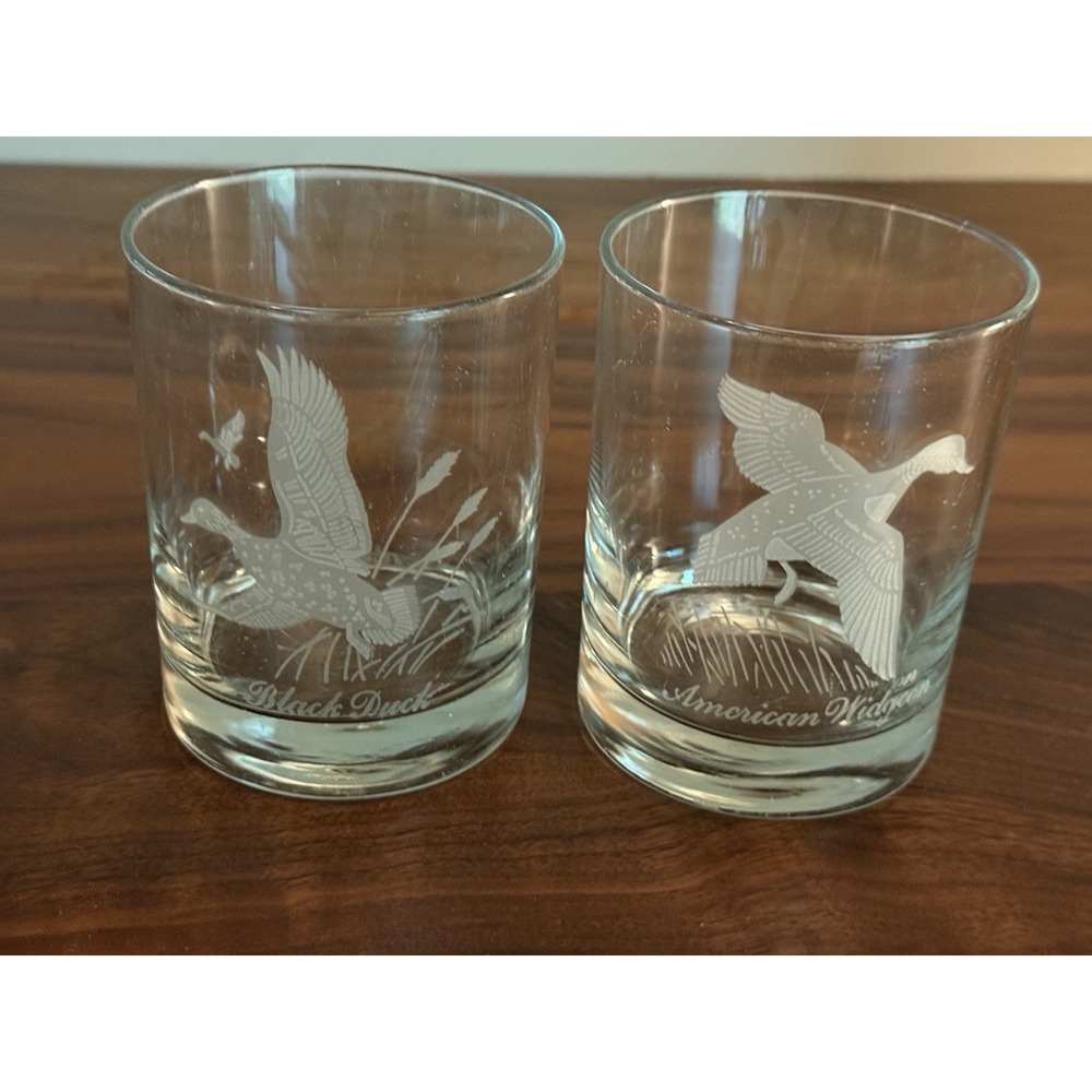 2 Etched Waterfowl Lowball Glasses Whiskey VTG Black Duck & American Widgeon